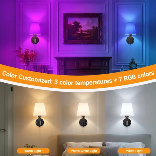 Miniatura 5 de Juego de dos apliques de pared accionados por batería, luz de pared inalámbrica con bombilla magnética recargable RGB de 10000mAh, aplique de pared