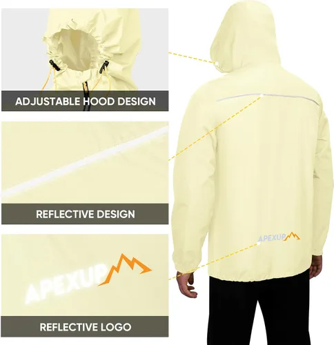 Miniatura 2 de APEXUP Chaqueta de lluvia empacable para hombre con cremallera reflectante, impermeable ligero, chaqueta de lluvia para hombre para deportes al aire