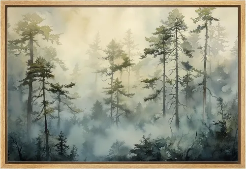Miniatura 31 de wall26 Lienzo enmarcado de arte de pared, acuarela en tonos pastel, pino, árbol, bosque, lago, naturaleza, ilustraciones de área silvestre, arte