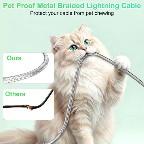 Miniatura 2 de Cable USB a Lightning de 6.6 pies a prueba de mordidos, cable de carga para iPhone a prueba de perros y gatos, cable de carga para iPhone plateado