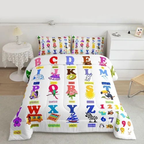Miniatura 19 de jejeloiu Juego de edredón educativo para niños, tamaño King, juego de ropa de cama con números del alfabeto ABC para niños y niñas pequeños