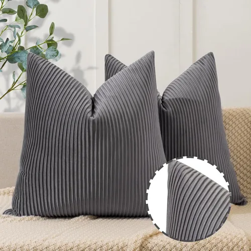 Miniatura 12 de YCOLL Juego de 2 fundas de almohada beige de 18 x 18 pulgadas, patrón de rayas de terciopelo, almohadas suaves para decoración del hogar, fundas