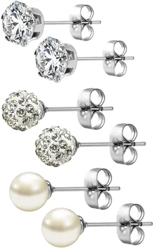 Miniatura 54 de JewelrieShop - Juego de aretes de tuerca de acero inoxidable con circonitas cúbicas y perlas de imitación, 3 pares de 0.236 in