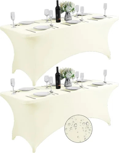 Miniatura 19 de SuperO - Paquete de 2 manteles de elastano impermeables para mesas de 6 pies, mantel elástico universal ajustable para fiestas, banquetes, bodas