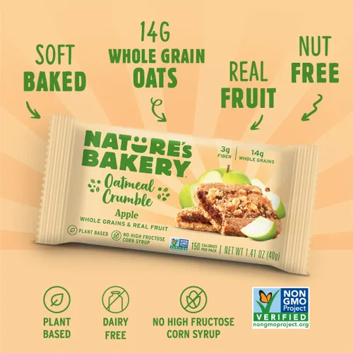 Miniatura 5 de Nature's Bakery Barras de desmoronamiento de avena, manzana, fruta real, veganas, sin OMG, barra de desayuno, 1 caja con 6 paquetes, 6