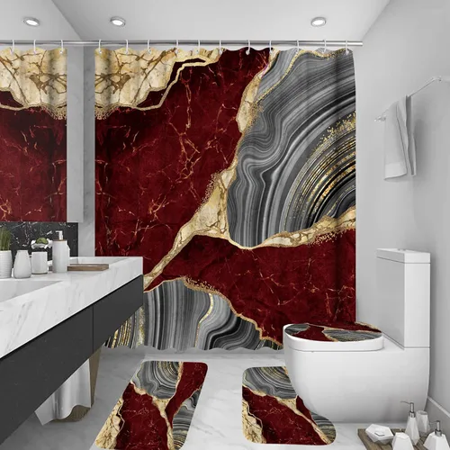 Miniatura 8 de Juego de 4 cortinas de ducha con diseño de mármol, juego de decoración de baño, lujo con 12 ganchos, tapete de baño, tapete para tapa de inodoro