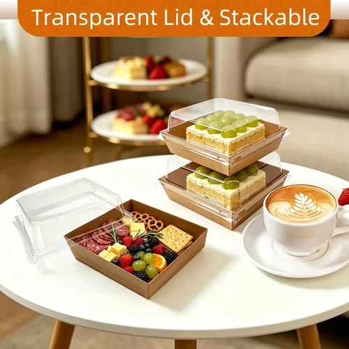 Miniatura 4 de Nexboraque Paquete de 100 cajas pequeñas de charcutería con tapas transparentes, caja de papel cuadrado desechable de 5 pulgadas para panadería