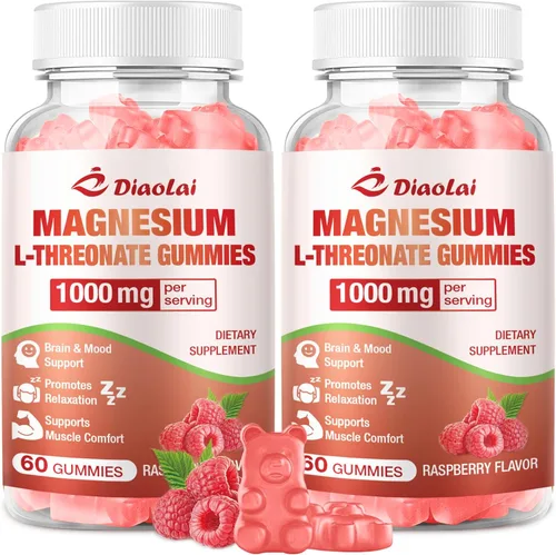 Paquete de 2 gomitas de magnesio L-treonato de 1000 mg - Suplemento cerebral para memoria y concentración para adultos y niños - Sin azúcar, sin