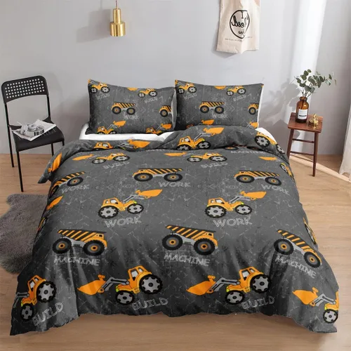 Miniatura 17 de Juego de funda de edredón para niños, camión de construcción, maquinaria, camión, excavadoras, vehículos, caricatura, tractor, juego de ropa de cama