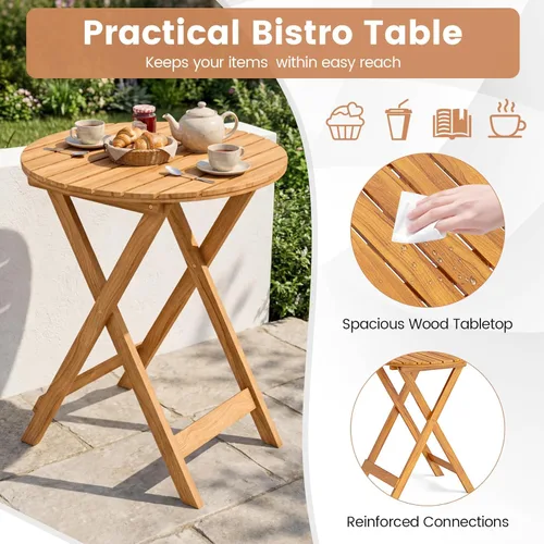 Miniatura 6 de Giantex Juego de 3 piezas de mesa plegable de madera, 2 sillas acolchadas para jardín, muebles de exterior mesa redonda (natural y beige)