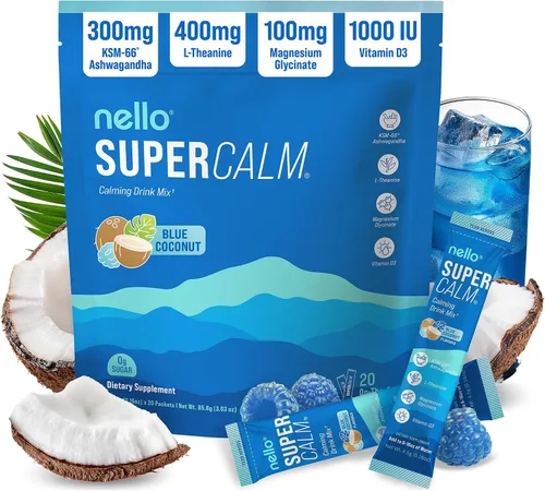 Miniatura 29 de Nello Supercalm - Mezcla de bebida en polvo, reductor de cortisol y ayuda para dormir, L Teanina, Ashwagandha Ksm-66, Magnesio Glicinato, Vitamina
