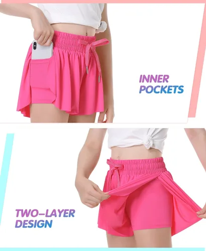 Miniatura 3 de QooNoo Pantalones cortos de mariposa para niñas con bolsillo, pantalones cortos atléticos fluidos de cintura alta para correr para niños
