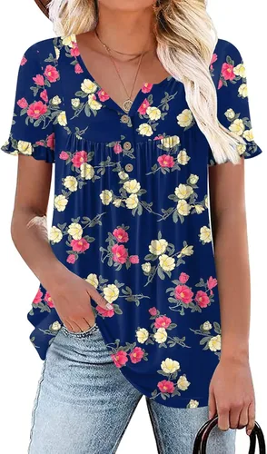 POPYOUNG - Camisetas Henley de verano para mujer, con botones, estilo casual, tipo túnica, manga corta