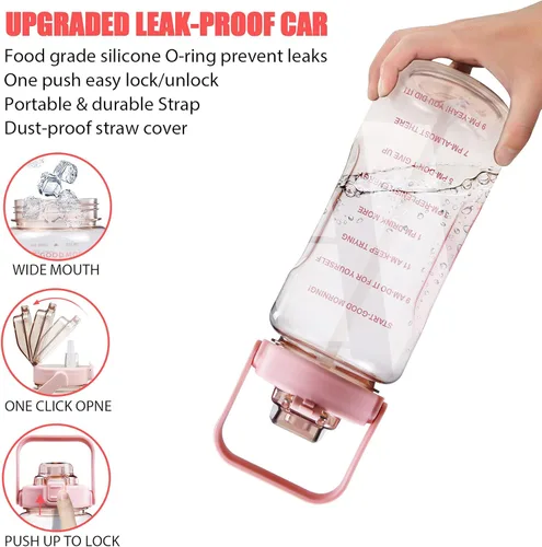 Miniatura 4 de Botella de agua de medio galón con manga, botella de agua motivacional de 64 onzas con popote y marcador de tiempo, botella de agua grande para Rosa