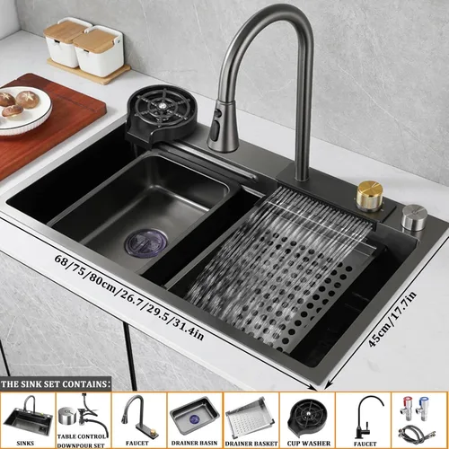 Miniatura 2 de Fregadero de cocina nano negro 304 de acero inoxidable 304, fregadero multiusos de preparación de barra de un solo tazón con grifo y montaje