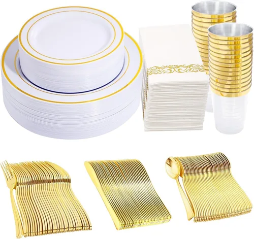 Miniatura 12 de 350 piezas de platos de plástico negro y dorado con cubiertos desechables, incluye 50 platos de cena de 9 pulgadas, 50 platos de postre de 6.3