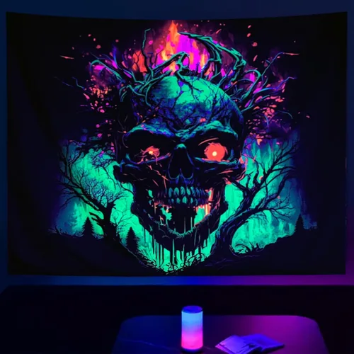 SparkLia Tapiz de calavera de fuego con luz negra, esqueleto ardiente reactivo a los rayos UV, para colgar en la pared, brilla en la oscuridad,