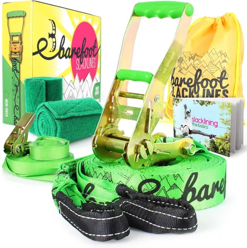 Barefoot Slackline Kit de 60 pies (59.1 ft) juego completo que incluye trinquete, línea de entrenamiento, protectores de ladridos e instrucciones