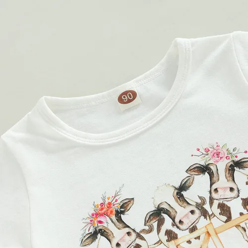 Miniatura 66 de fhutpw Conjunto de camiseta de manga corta con estampado de vaca y pantalones acampanados de dibujos animados para niñas