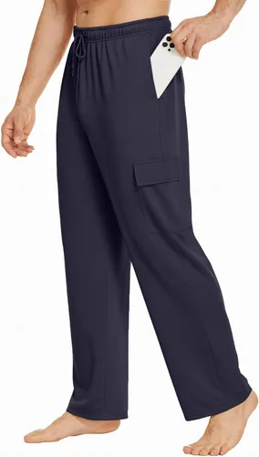 Deyeek Pantalones deportivos tipo cargo para hombre, con parte inferior abierta, holgados, de pierna recta, para gimnasio, con bolsillos