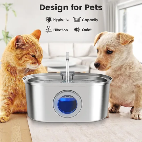 Miniatura 2 de Fuente de agua para gatos de acero inoxidable, dispensador automático de agua para mascotas de 108 oz/3.2 L con ventana de nivel de agua, bomba