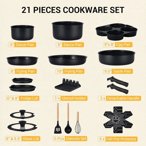 Miniatura 9 de Ammeloo Juego de 21 piezas de ollas y sartenes de cerámica antiadherentes con mangos desmontables y sartén para freír huevos, utensilios de cocina