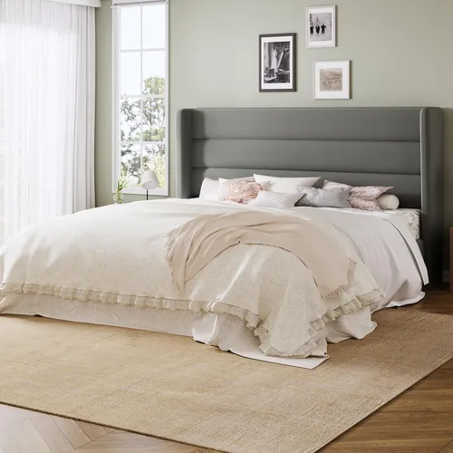 Miniatura 17 de Allewie - Base de cama tamaño Queen con cabecera acolchada tapizada en terciopelo con respaldo abatido, sin necesidad de somier, espacio de Blanco