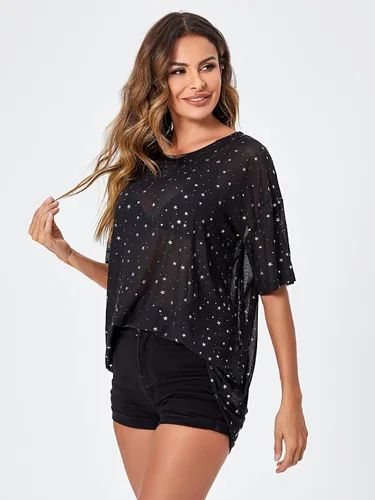 Miniatura 5 de WDIRARA Blusa de malla para mujer con purpurina transparente y de manga corta