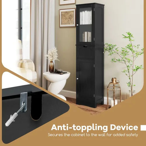 Miniatura 8 de Tangkula Armario de almacenamiento de baño de 67 pulgadas de alto, torre independiente delgada con 2 puertas y 1 cajón, gabinete de piso estrecho