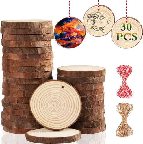 Artmag Rebanadas de madera natural, 30 piezas de 2.4 a 2.8 pulgadas, sin terminar, manualidades preperforadas con agujero, círculos redondos de