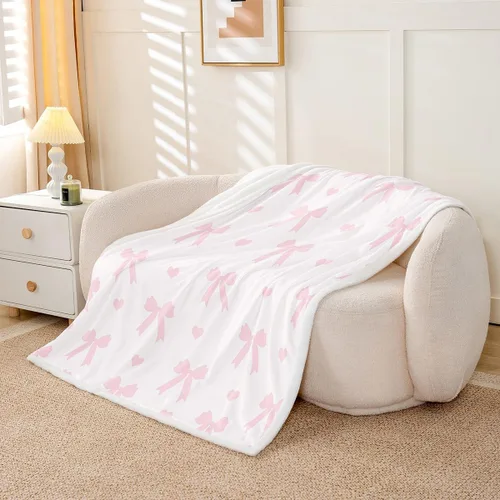 Miniatura 3 de Manta de franela rosa con lazo, estilo princesa, manta de forro polar de ensueño para decoración del hogar, sofá, sofá, manta romántica de forro