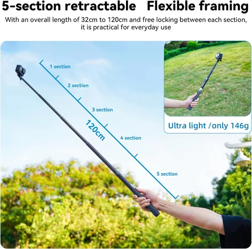 Miniatura 2 de Invisible Selfie Stick 3.9 ft/47.2 "Monopod de fibra de carbono telescópica poste para Insta360 X5/X4/X3/X2 GOPro 13 12 11 10 9 8 DJI Action 5 Pro