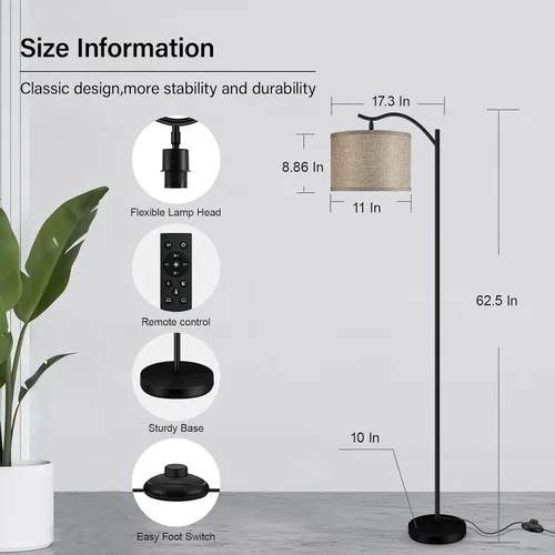 Miniatura 6 de BoostArea Lámpara de pie para sala de estar, lámpara de pie de arco con control remoto, brillo regulable continuo y temperatura de colores 2700 Yute