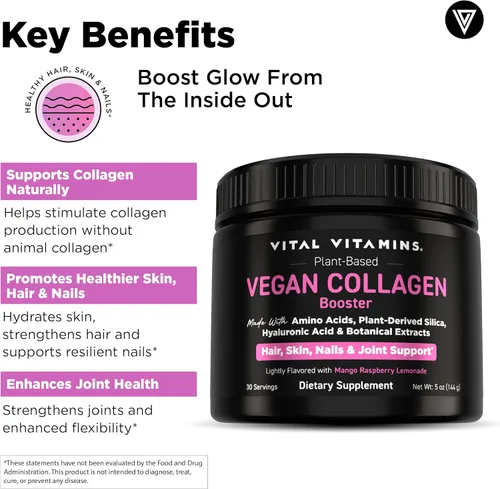 Miniatura 3 de Vital Vitamins Polvo de refuerzo de colágeno vegano – Hecho con aminoácidos, sílice, ácido hialurónico y extractos botánicos – a base de plantas