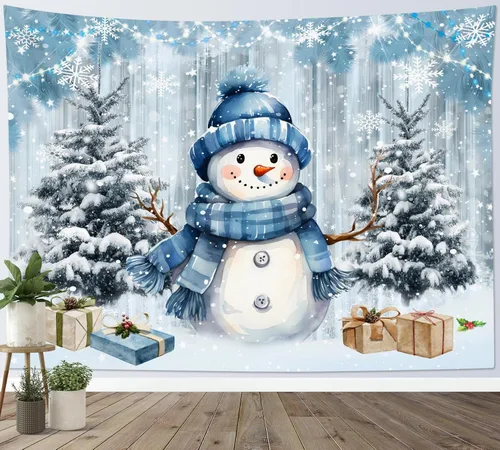 Miniatura 4 de HVEST Tapiz navideño de invierno para colgar en la pared, muñeco de nieve divertido con sombrero azul y tapices de regalo de Navidad, tapiz de pino