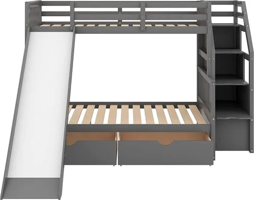Miniatura 5 de DNYN Cama alta de tamaño matrimonial con escritorio, estantes y escalera para niños y adultos, marco de cama de madera maciza, cama alta