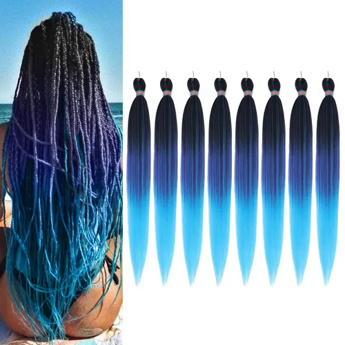 Miniatura 44 de Extensiones de cabello para trenzar verde+verde claro, preestiradas, 2 paquetes, con cabello plumoso pre-trenzado, extensiones de cabello