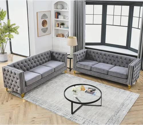 Miniatura 21 de mikibama Sofá de 3 plazas de terciopelo de 80.5 pulgadas para sala de estar, sofás de 3 asientos con botones copetudos con bordes de clavos, sofás