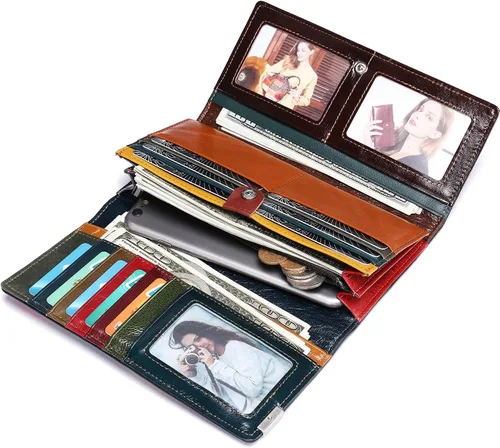 Miniatura 4 de MASIWEI Cartera de piel auténtica con retazos para mujer, multicolor, triple, tarjetero, organizador de dinero con monedero, Multicolor3