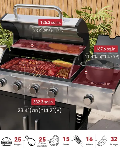 Miniatura 4 de Aoxun Parrilla de propano de 4 quemadores con quemador lateral, parrilla de gas de 49000 BTU, parrilla de acero inoxidable para exteriores