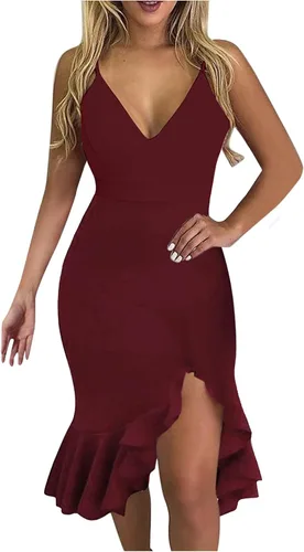 iQKA Vestido de cóctel sexy para mujer, con dobladillo con volantes, estampado floral, cuello en V, sin mangas, vestido de tubo