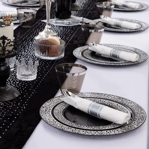 Miniatura 7 de NOCCUR Juego de vajilla de 210 piezas de color negro y plateado para 30 invitados, platos de plástico negro con borde plateado que incluyen 30 Negro