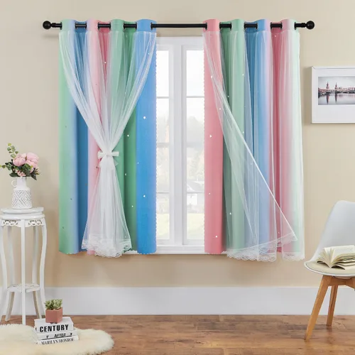 Miniatura 87 de XiDi Cortinas opacas con estrellas para habitaciones de niños, cortinas verdes para ventana de dormitorio de niños, azul y gris, 52 pulgadas de Azul
