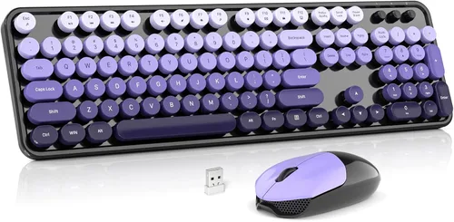Miniatura 23 de MOWUX - Combo de teclado y mouse inalámbricos, máquina de escribir de tamaño completo, retro, redondo, lindo mouse óptico inalámbrico, Plug and Azul