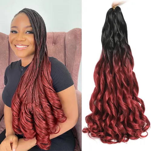 Miniatura 20 de Cabello Rizado Francés para Trenzar de 18 Pulgadas, 8 Paquetes Color Borgoña - Cabello para Trenzar Pre-Estirado con Rebote - Extensiones de Cabello
