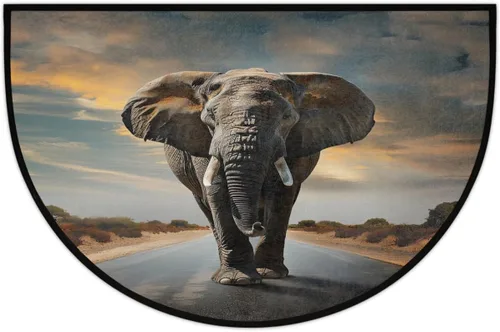 Alfombras semicirculares semicirculares con diseño de elefante africano en carretera, tapete de bienvenida para entrada, tapete de bienvenida
