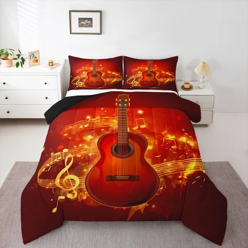 Miniatura 10 de Juego de ropa de cama de guitarra, tamaño individual para niños y niñas, juego de edredón con teclados de piano, temática musical, inserto