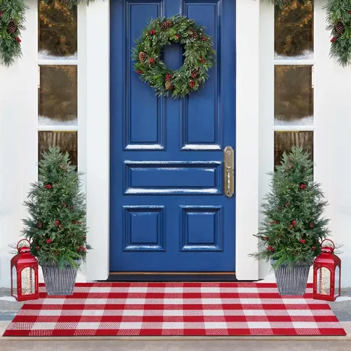 Miniatura 14 de Alfombra de cuadros rojos y blancos de Navidad de 27.5 x 43 pulgadas, tejida a mano para interiores y exteriores, mezcla de algodón a cuadros