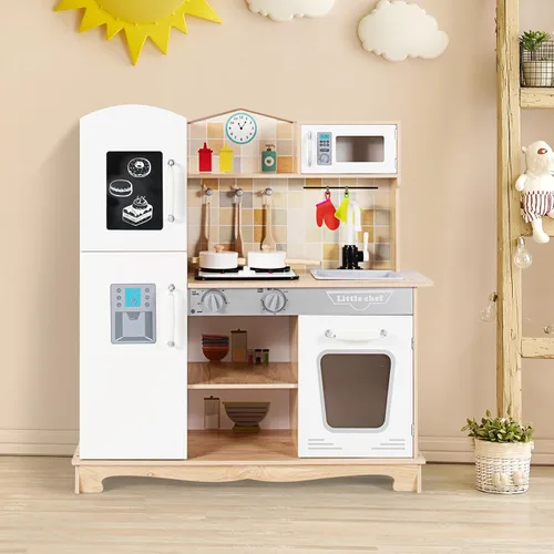 Miniatura 2 de HONEY JOY Juego de cocina para niños, cocina de madera para niños pequeños, microondas, grifo, estufa con luces, pizarra, armario de almacenamiento