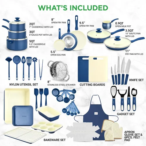 Miniatura 2 de NutriChef Juego de 54 piezas de utensilios de cocina de grado profesional completo para el hogar, juego de ollas y sartenes de cerámica Gris azul